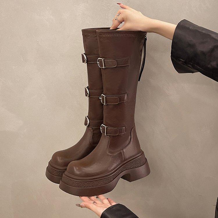 Platform Flats Women Knee High Boots Leather Shoes Luxury Brand  Winter New Fashion Chelsea Boots Motorcycle Zip Botas Mujer