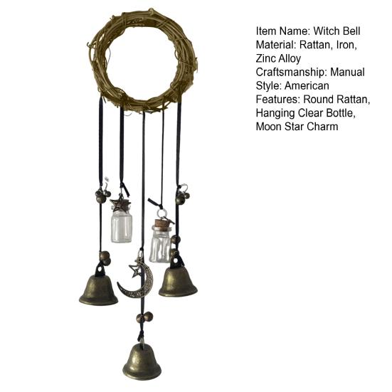 Doorknob Hanging Witch Bell Decoration Vintage Round Rattan Hanging Clear Bottle Moon Star Charm Tassels Good Luck Door Handle Wind Chime Ornament