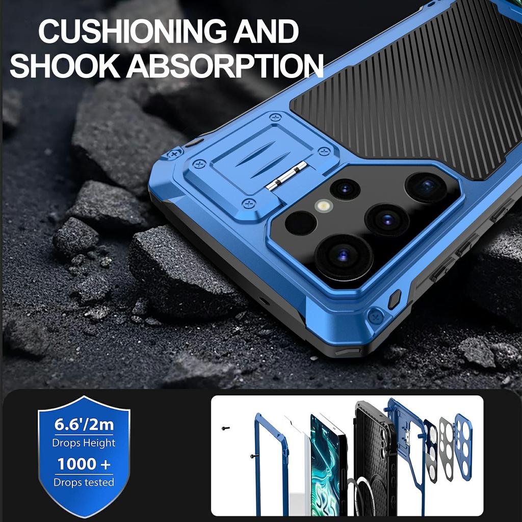 For Samsung Galaxy S25 Ultra Case Aluminum Alloy+Silicone Lens Kickstand Phone Cover with Tempered Glass Film