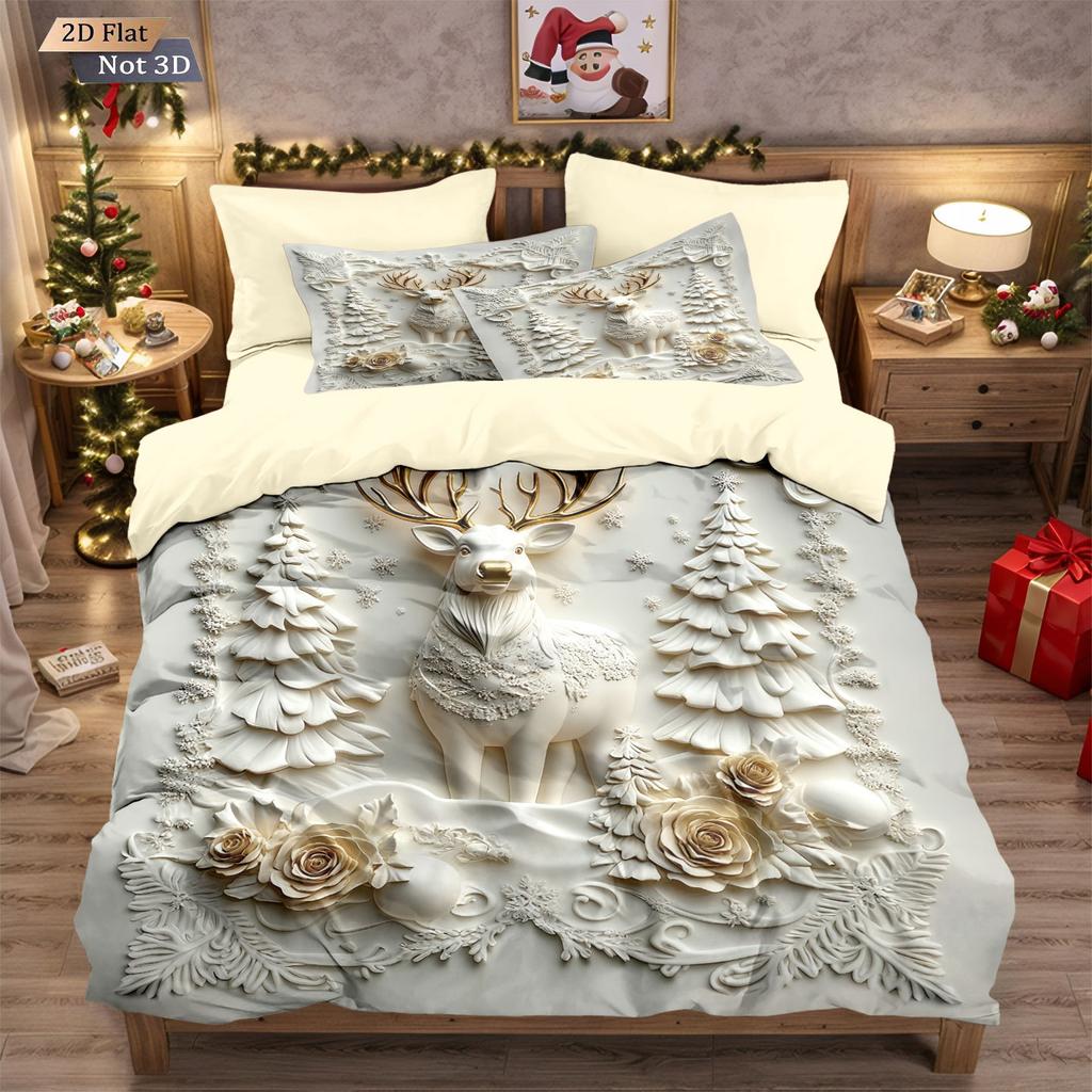Three-piece Christmas Bedding Set, Brushed Duvet Cover and Pillowcase Set with Santa Claus Digital Print