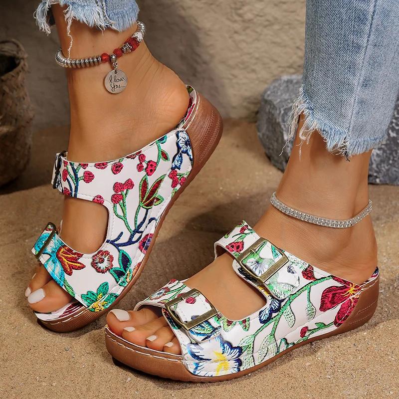 Мода Мода Принтованные Сандалии на танкетке Женские Летние 2025 Платформа с двойной пряжкой Шлепанцы Женские Легкие Нескользящие Пляжные Сандалии