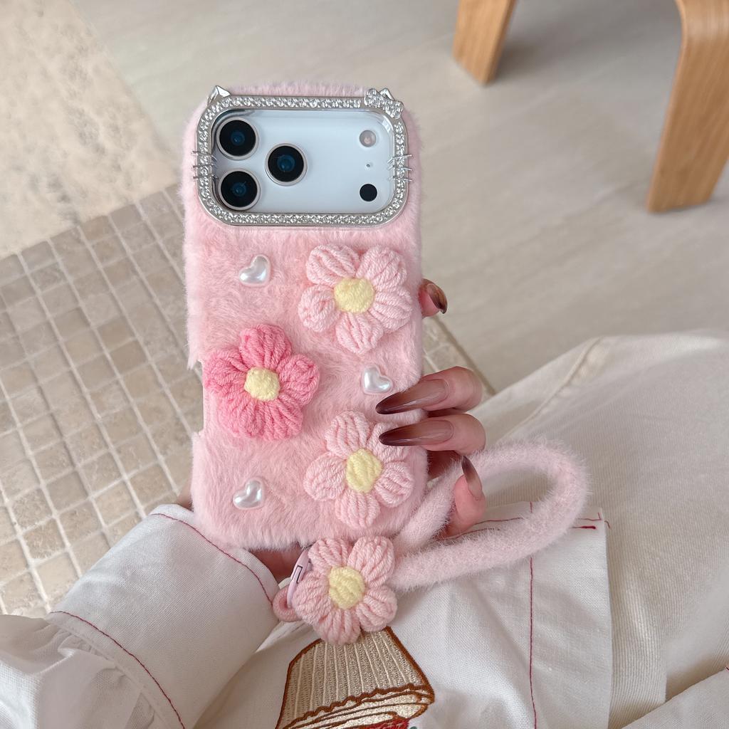 For iPhone 17 Pro Case Rhinestone Frame Plush Flower Pearl Heart TPU PC Phone Cover with Floral Strap
