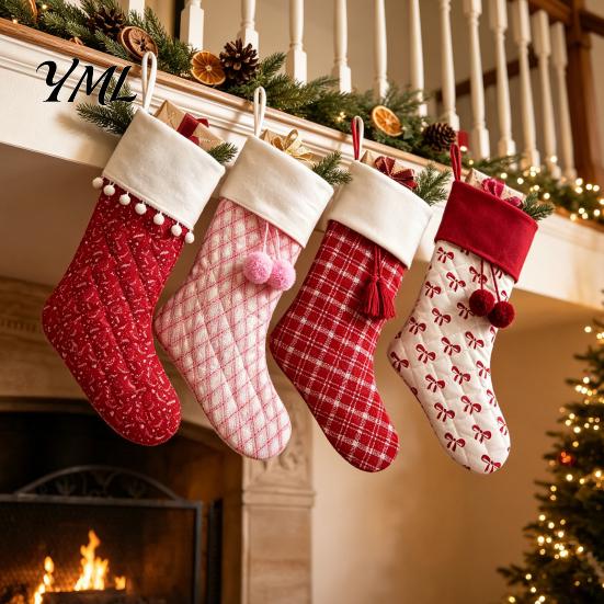 Festive Party Supplies Christmas Stockings, 18 x 10 Inch Large Quilted Hanging Rustic Reusable Flannel Candy Bags Decorative Xmas Gift for Fireplace