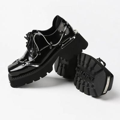 Модная обувь в панк-стиле, украшенная металлической цепочкой, на массивном каблуке, женская, модная, черная лакированная кожа, на шнуровке, лофер, удобная, водонепроницаемая, zapatos mujer