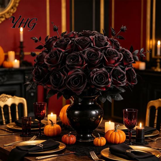 Long Stem Faux Flowers Realistic Silk Black Roses with Stems for Wedding Centerpieces, Halloween Home Decor, Artificial Floral Arrangements