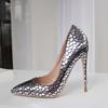 Mesh Plaid Pointed Shallow Mouth Ultra-fine High Heels for Women's Singles, Sequins, Banquet and Party Shoes
