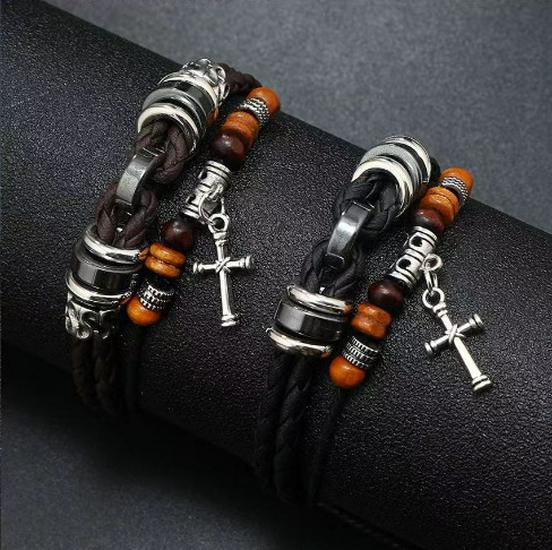 Браслет ручной работы из коровьей кожи в стиле ретро унисекс с узором креста и листьев