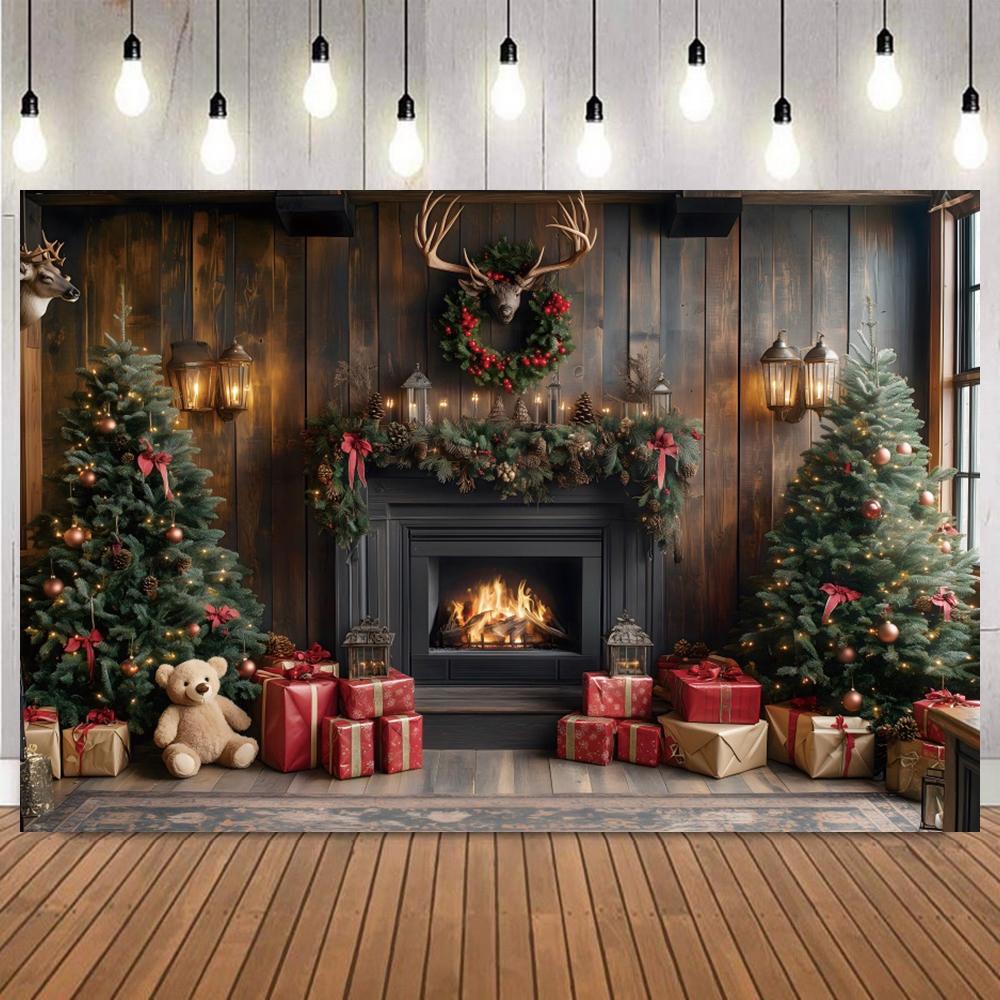 Christmas Red Green Themed Photography Backdrop Wreath Fireplace Gifts Milu Deer Adult Children Family Party Photo Background8