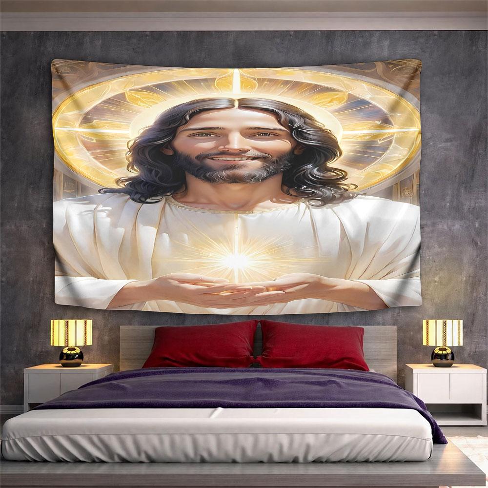 Holy Light with Radiant Savior Portrait Pattern Wall Hanging Tapestry Decorative Tapestry Home Decor for Bedroom and Living Room