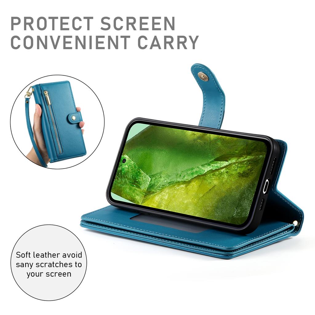 DF-011 Чехол для Google Pixel 8a Кожаный чехол для телефона с карманом на молнии, подставкой и плечевым ремнем