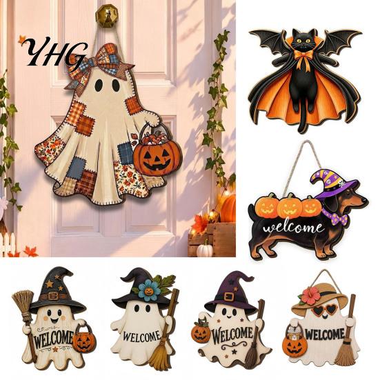 Pumpkin Theme Ornaments Halloween Ghost Welcome Door Hanger, Cute Wooden Sign with Witch Hat & Hanger Elements, Fall Indoor Outdoor Wall Decor