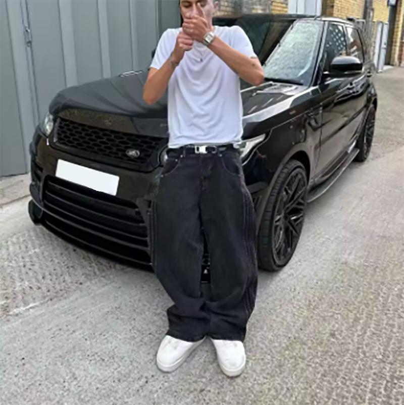 Мешковатые джинсы с вышивкой и нашивками, мужские уличные хип-хоп винтажные черные мужские повседневные широкие брюки мужские джинсы