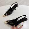 Liyke Lemon Yellow Patent Leather Stiletto Sandals Women Pumps Inlay Gems Pointed Toe Strange High Heels Wedding Banquet Shoes