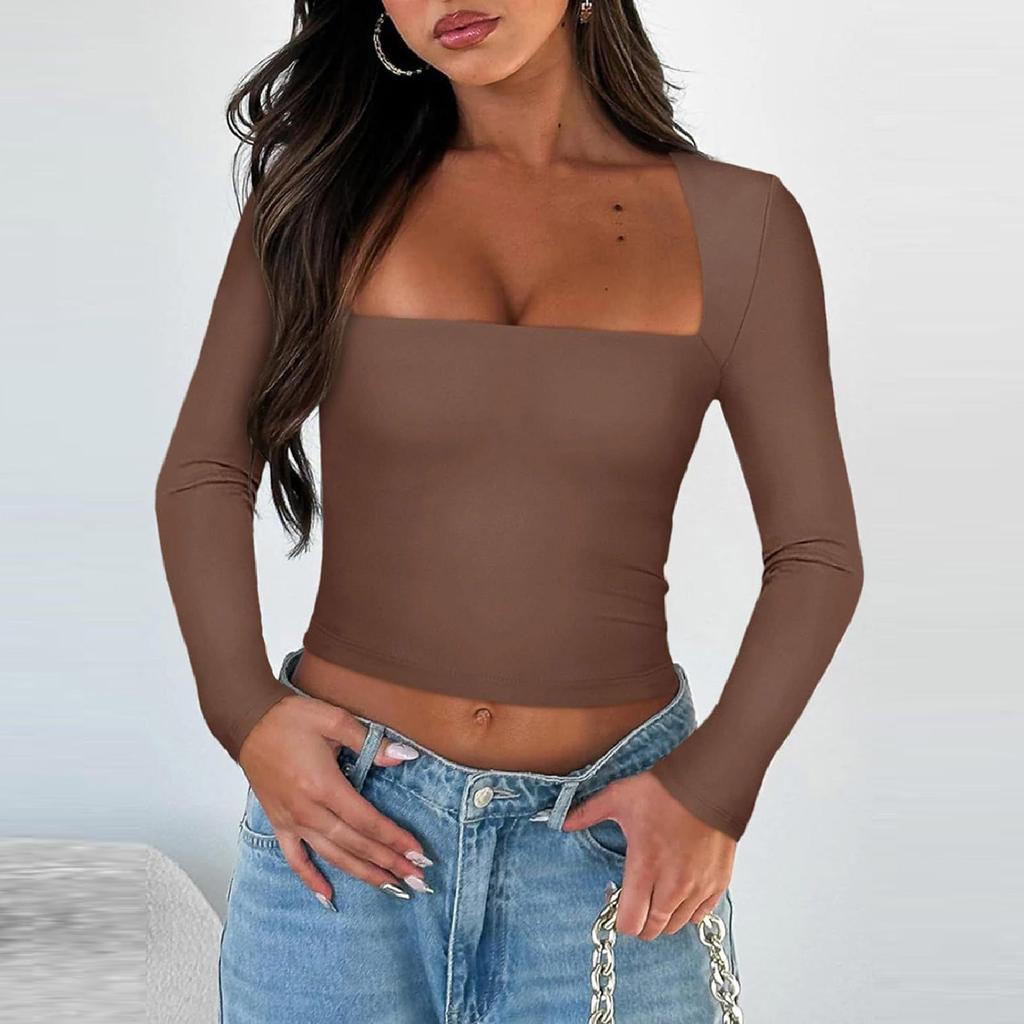 Женская мода с длинным рукавом сплошной цвет Тонкая рубашка с квадратным вырезом Футболка Топ