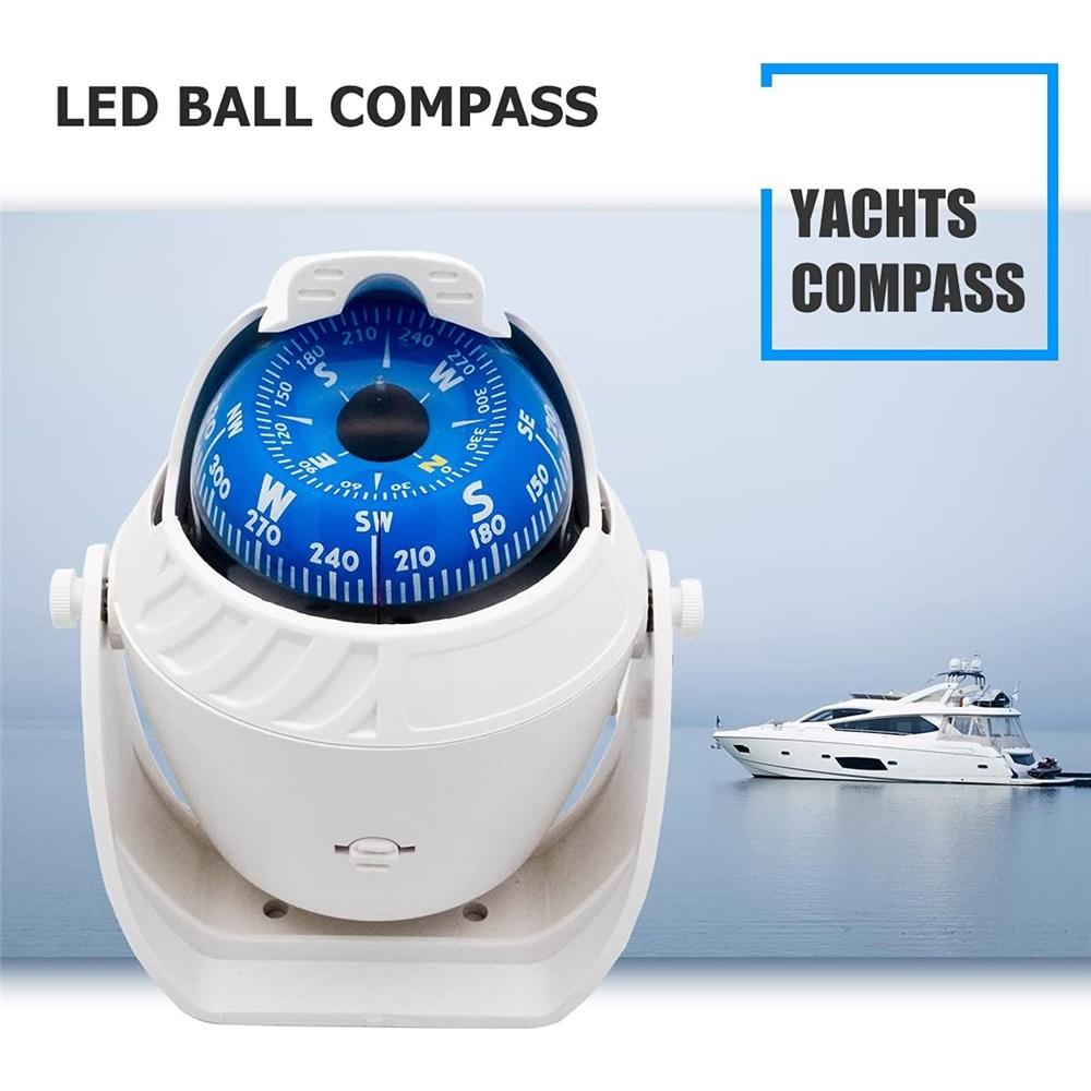 Marine Compass With Compass Mounted Waterproof Ball For Caravan Boats, White Rotating
