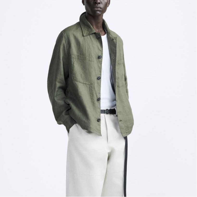 Zara Однотонная свободная повседневная рубашка, мужская куртка цвета хаки 5070033-505