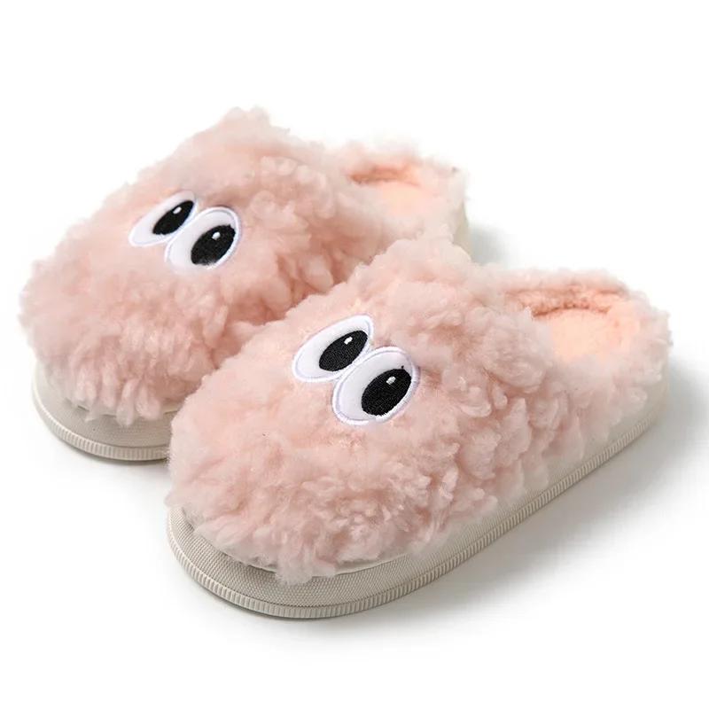 Fashion Lovely Big Eyes Monster Cartoon Slippers Winter Outdoor Faux Fur Funny Warm Plush Thick Sole Cotten Shoes(One Size Smaller)