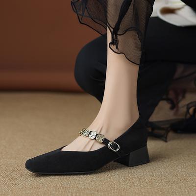 Мода 2025 Новые весенние женские туфли-лодочки из детской замши с квадратным носком, туфли из натуральной кожи для женщин, туфли Мэри Джейн на ремешке с пряжкой для дам