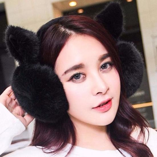 Winter Warm Earmuffs Super Soft Ultra-Thick Friendly To Skin Solid Color Women Earmuffs Ear Cover with Cat Ears