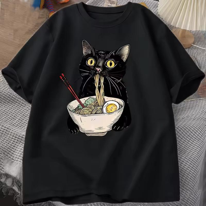 Футболка с изображением кота и лапши Ramen из хлопка Футболки Foodie Lover Футболки с черным котом Ретро Повседневная футболка с коротким рукавом Женская одежда унисекс