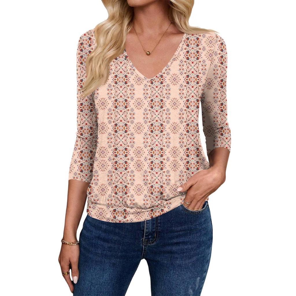 Women's Fashion Casual V-Neck Three-Quarter Sleeve Print Top