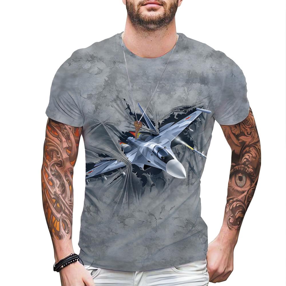 Personality Hole 3D Printed Clothing Aircraft Tank Shark Bear Full Body Printed Men's T-shirt Short Sleeve O-neck Funny Tops