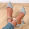 2025 Summer Women's Ankle Strap High Heels Pointed Toe Pearl Metal Decoration Back Zipper Chunky Heel Dress Party Modern Sandals