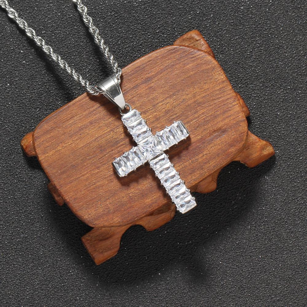 SN266 Hip Hop Cross Pendant Necklace with Crystal & Rhinestone  Stainless Steel Rope Chain Iced Out Design
