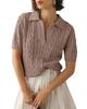 Women's V-Neck Cable Knit Polo Shirt - Short-Sleeved Solid Summer Sweater
