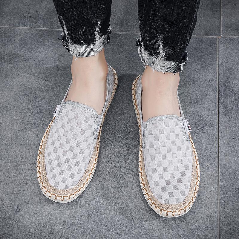 Весна-лето, новые туфли для мужчин, повседневная обувь из парусины, клетчатый принт, дышащие мокасины без застежек, классные туфли на плоской подошве для рыбалки