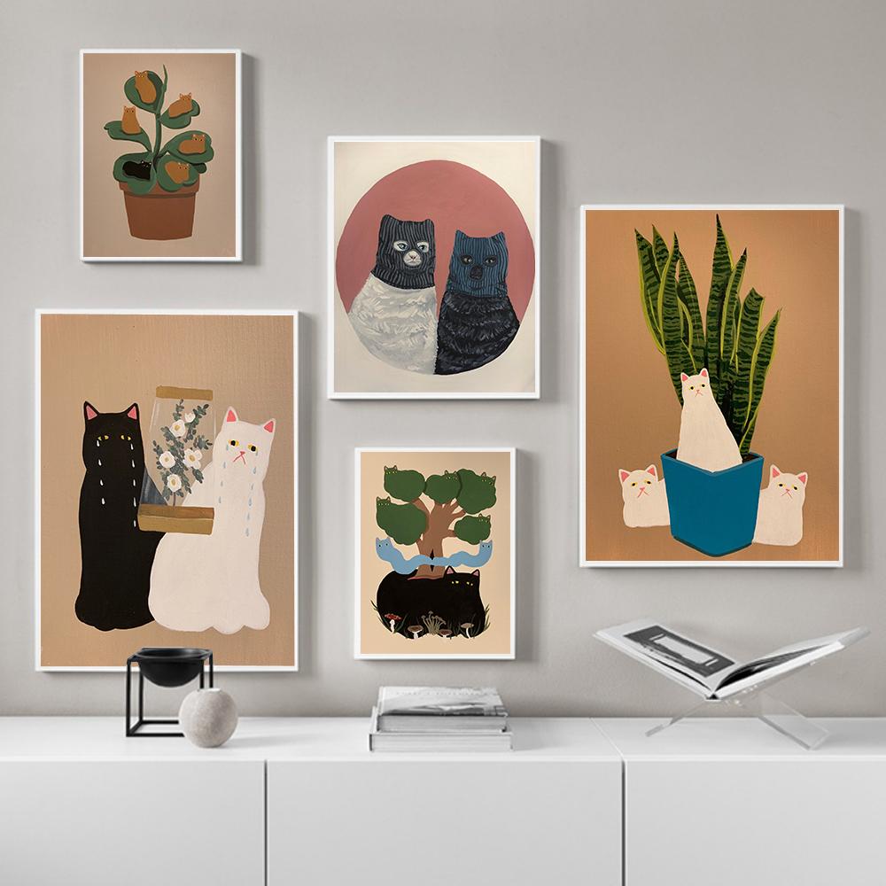 Cat with Plants Canvas Prints Painting Posters Abstract Cat Modern Nordic Wall Pictures Art for Kids Room Bedroom Home Decor