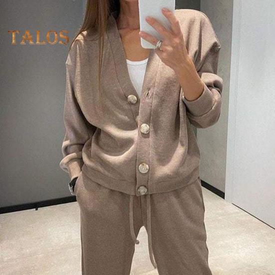2 Pcs/Set Women Shirt Pants Set V Neck Single-breasted Long Sleeves Knitted Loose Top Drawstring Elastic Waist Wide Leg Trousers Sport Tracksuit