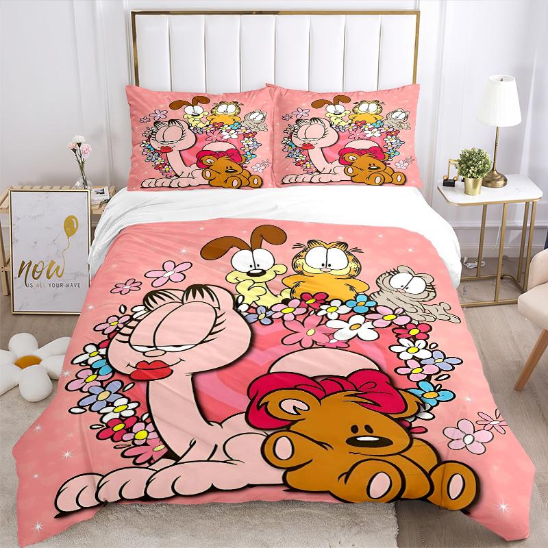 3pcs Garfield and Friends Quilt Set Cartoon Themed Bed Quilt Set Lovely Character Bedroom Decor Bed Quilt Set Four Seasons (1 Cover + 2Pillowcase