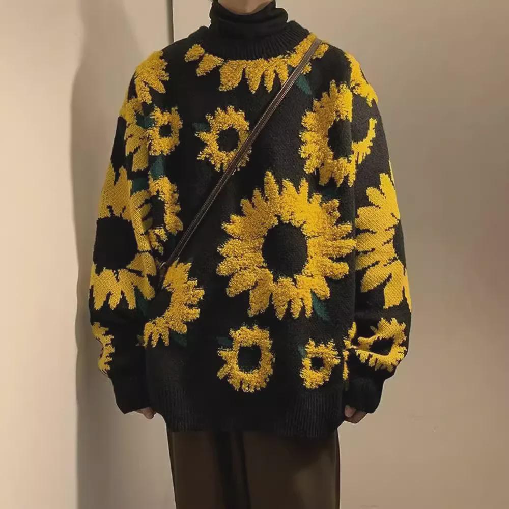 Мужской ретро-джемпер с жаккардовым узором «Японская хризантема» - Уютный осенний пуловер с круглым вырезом