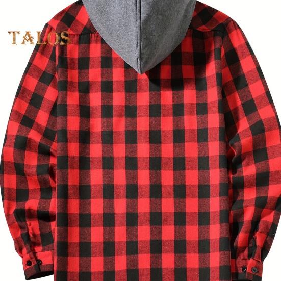 Fall Spring Men Shirt Hooded Drawstring Long Sleeves Color Matching Plaid Print Single-breasted Daily Wear School Home Shirt Coat