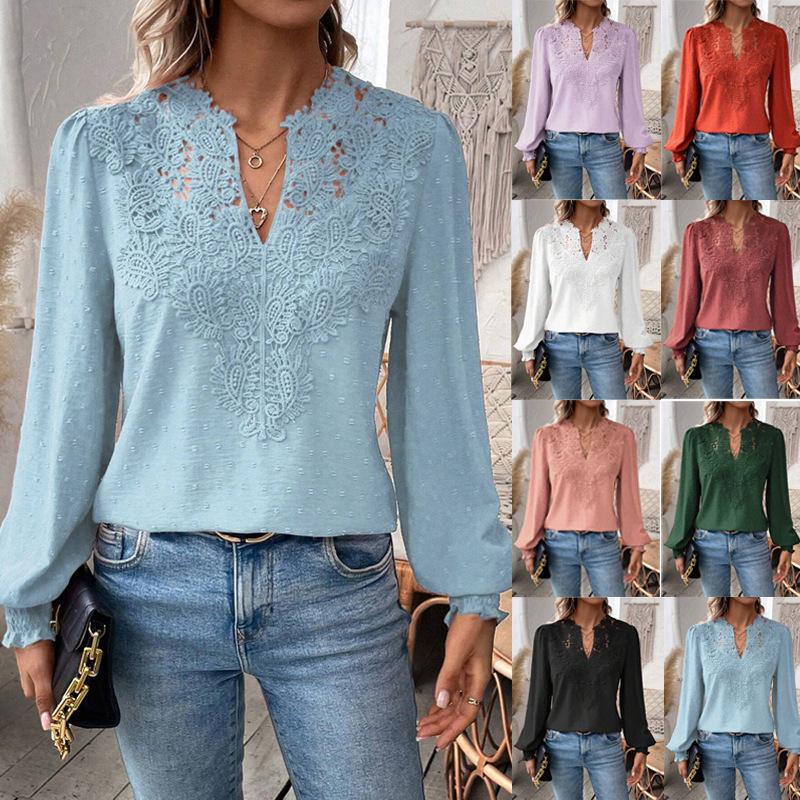 Женский повседневный топ с V-образным вырезом, кружевной, однотонный, с длинным рукавом, Осень/Зима 2026, Европа