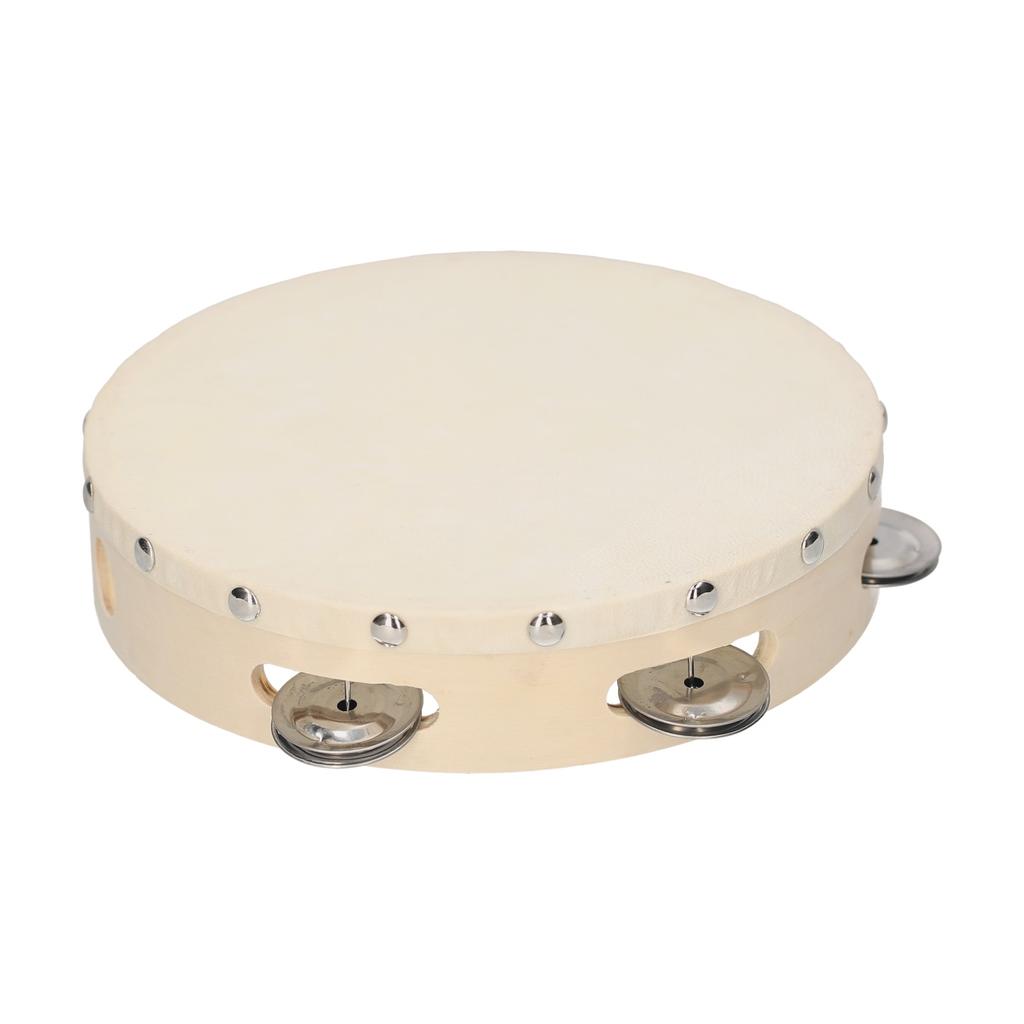 Hand Tambourine with Metal Single Row Jingles Sheepskin Drum Skin Wooden Tambourines
