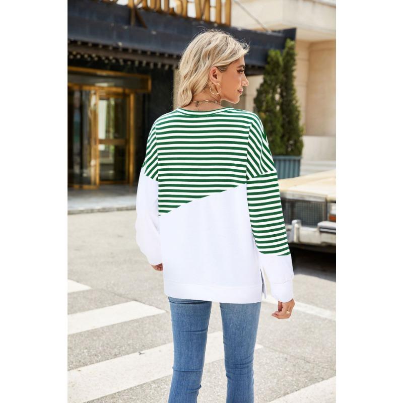 Осенние женские пуловеры, однотонный топ с длинными рукавами и круглым вырезом в полоску