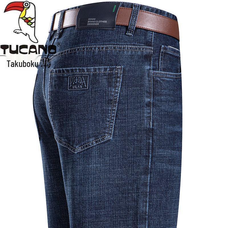 Woodpecker Men's High-Waisted Winter Fleece-Lined Stretch Jeans - Business Casual Straight-Leg Trousers