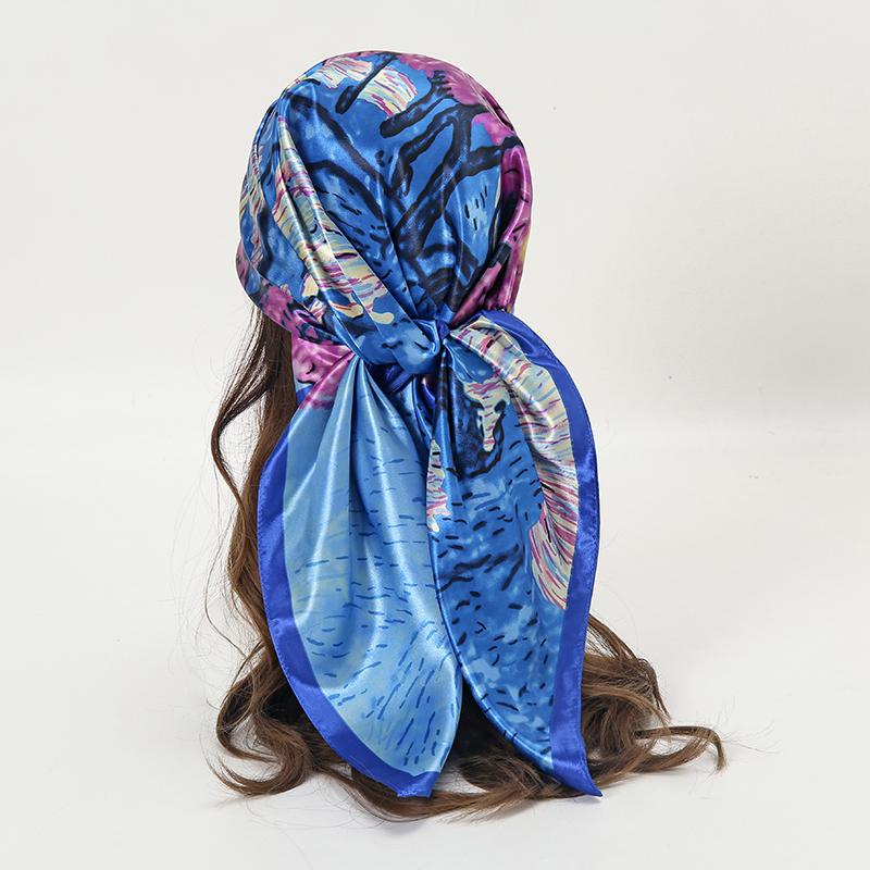 Satin Square Scarf Women Muslim Hijab Elegant Print Silk Neckerchief Shawl Wraps Headband Handle Hair Accessories Bandana