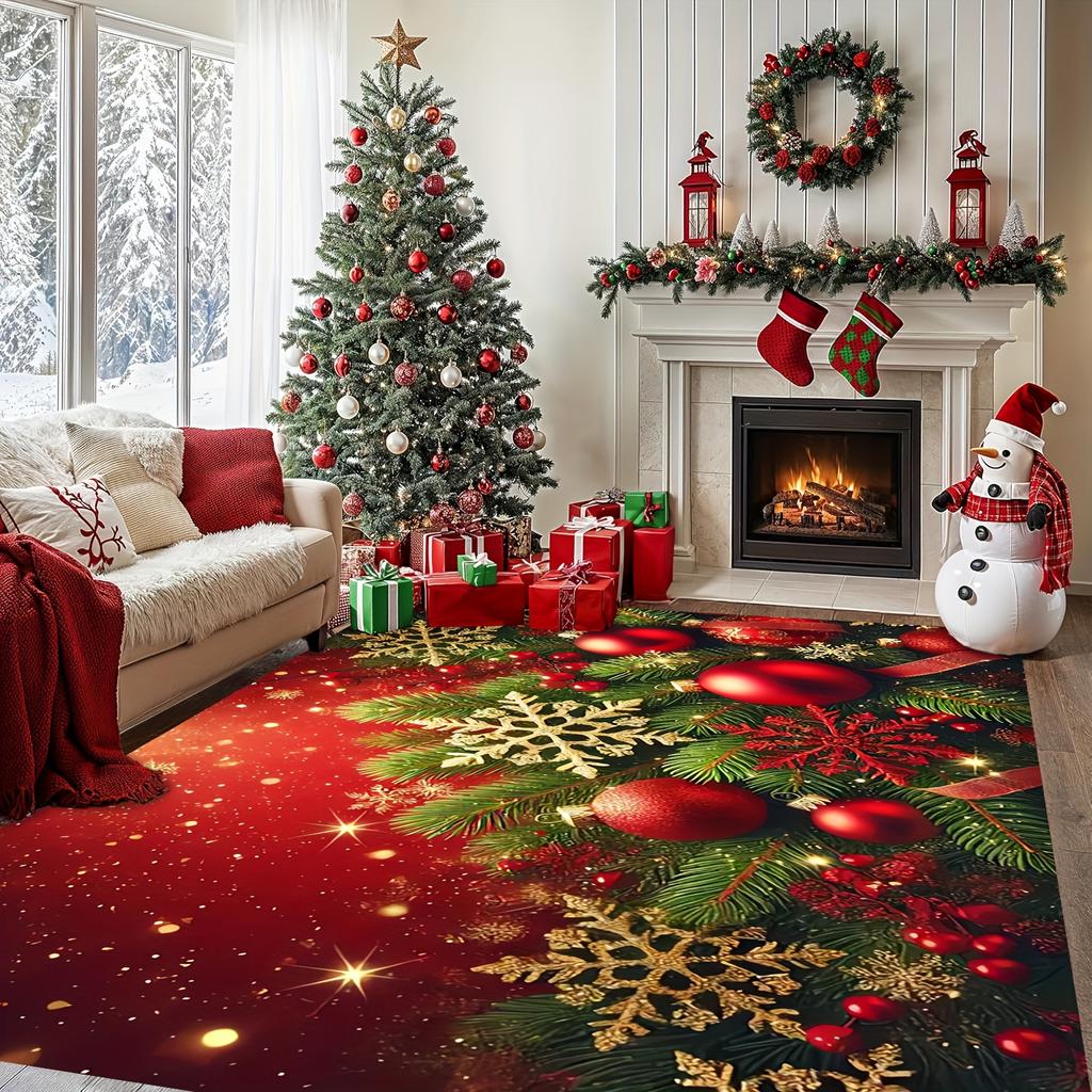 1pc Red‑Bell‑Holly‑Berry‑Snowflake Print Area Rug, Washable Indoor Floor Mat for Entryway,Game Room, Living Room, Study, Bedroom