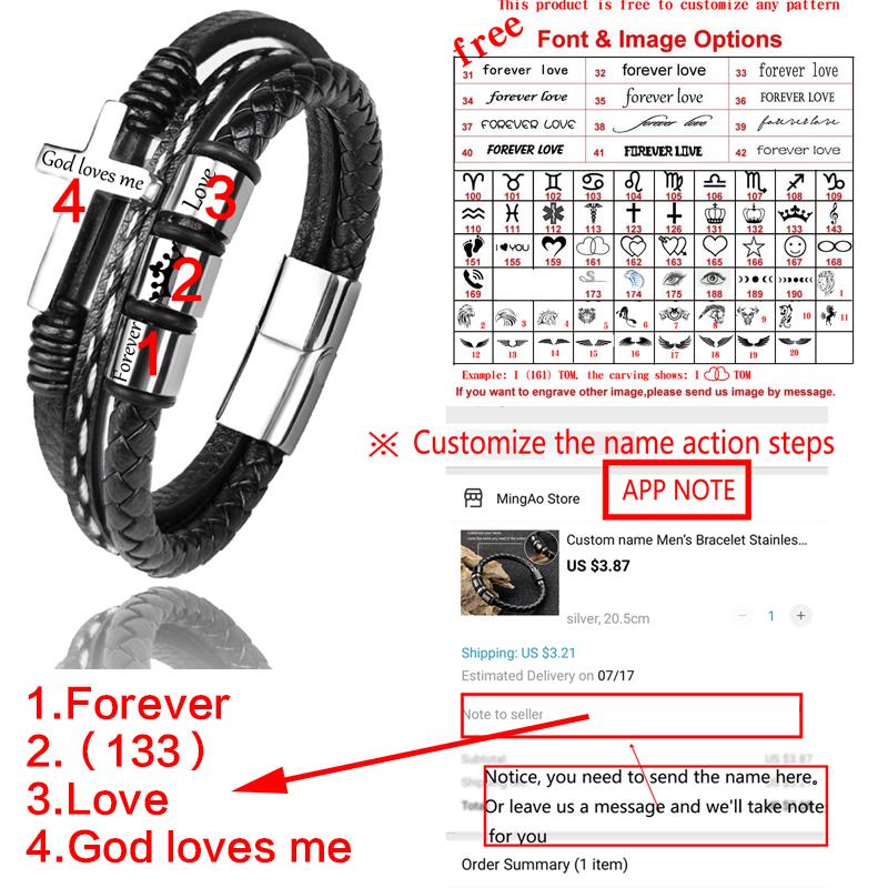 MingAo New Custom Engraved Family Name Beads Cross Bracelets Black Braided Leather Stainless Steel Bracelets for Men Fathers
