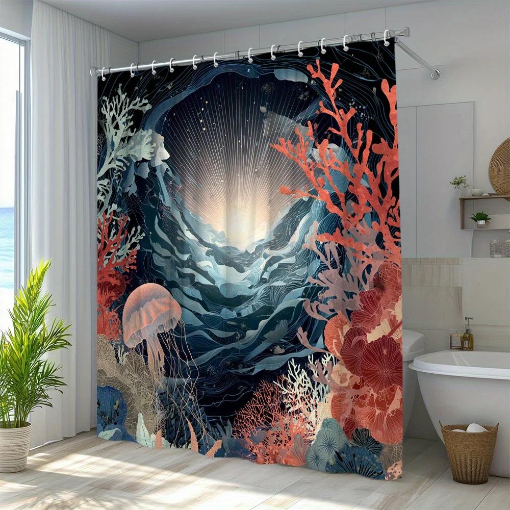 1pc Ocean Scenery Shower Curtain, Vibrant Underwater World Theme with Jellyfish and Coral Pattern, Polyester Fabric, Includes