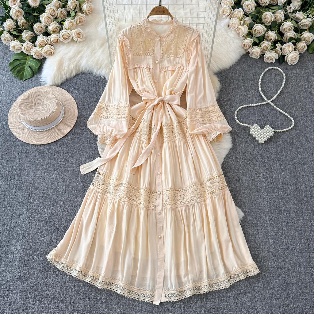 Кружевное платье с пышными рукавами, длинное, однотонное, корейская мода, на одной пуговице, элегантное, ретро, осеннее длинное платье, оборки, бант, женское платье