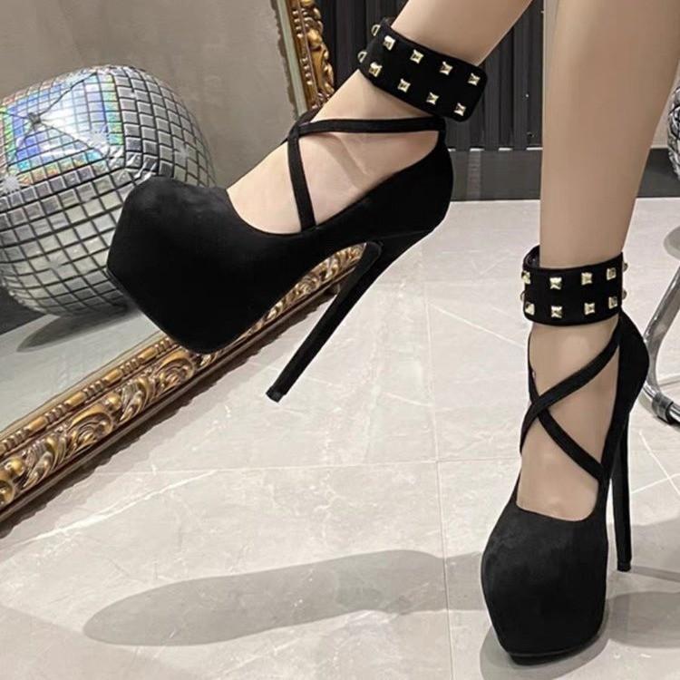 Женские туфли на высоком каблуке, модные, с полым верхом, тонкие, весенние, новые, с заклепками, с круглым носком, сексуальные, с мелким вырезом, одинарные
