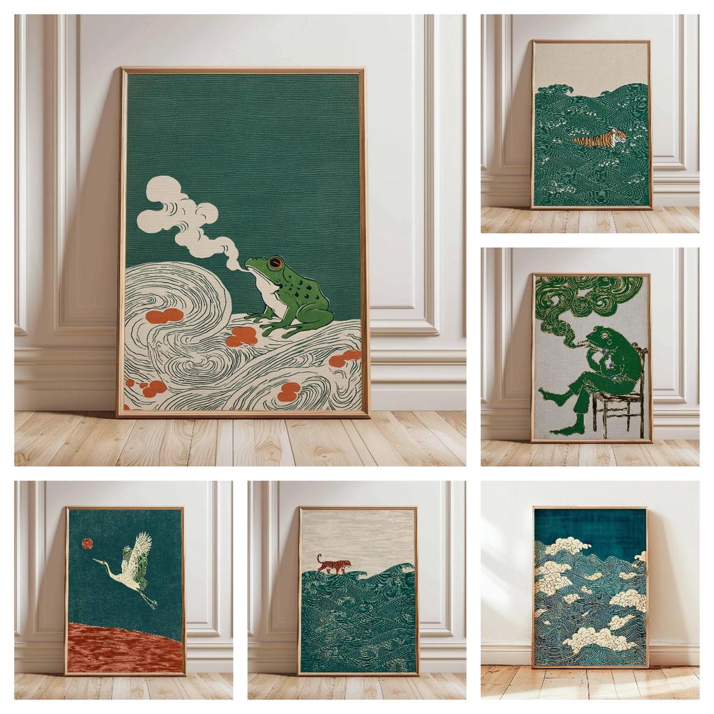 Japanese Retro Minimalist Zen Smoking Frog Canvas Wall Art - Frameless Abstract Animals Canvas Prints for Living Room tions