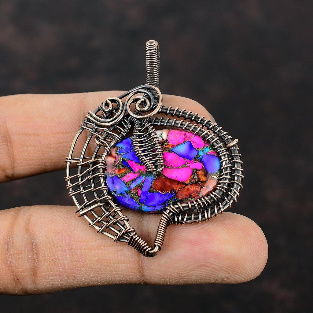 Натуральный бирюзовый кулон Kingman Pink Dahlia, обернутый медной проволокой, ювелирное изделие ручной работы, кулон с драгоценным камнем для подарка, дизайнерское медное ювелирное изделие