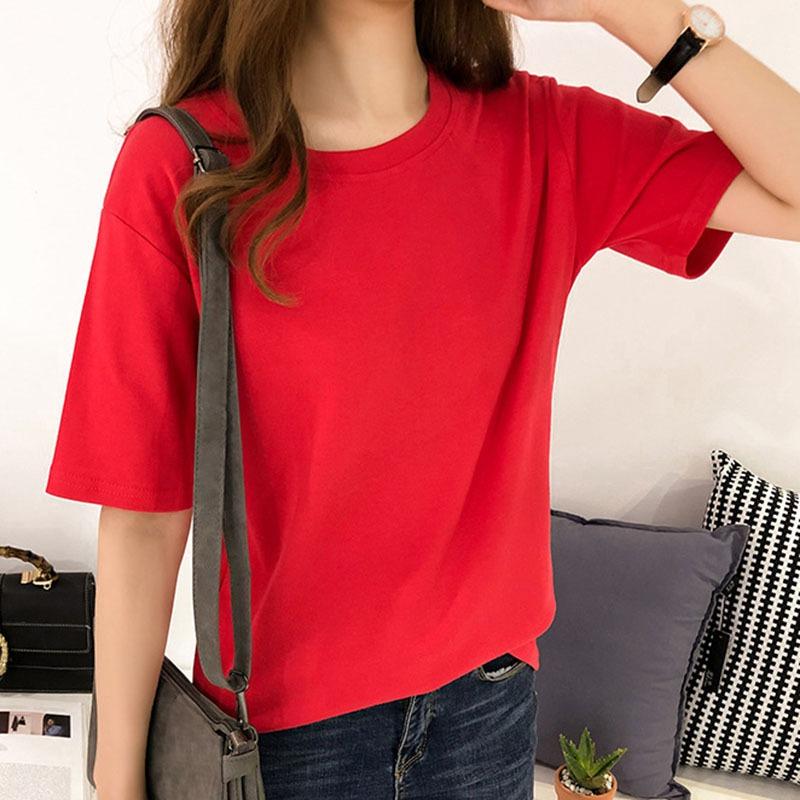 Женская однотонная футболка с коротким рукавом и круглым вырезом