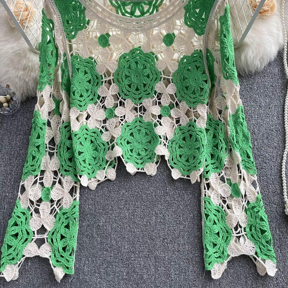 Свободный свитер с длинными рукавами и цветком на крючках, женская летняя тонкая футболка с круглым вырезом, топ