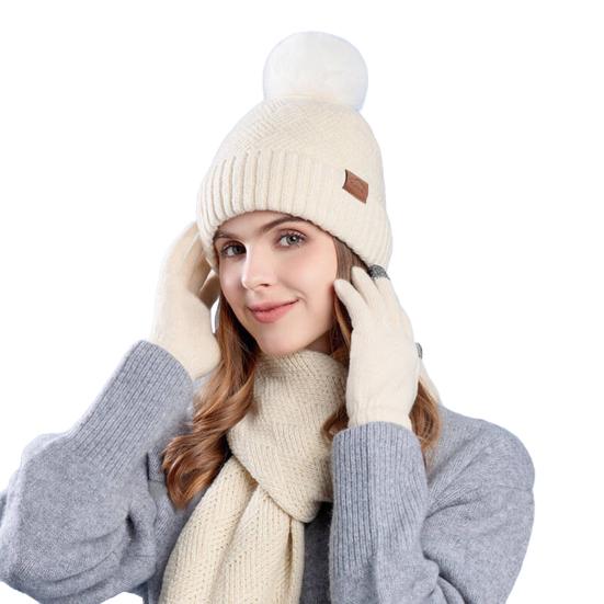 Women's Winter Hat Scarf Gloves Set Faux Fur Pompom Ball Knitted Cap Long Scarf Touch Screen Gloves Set for Cold Weather